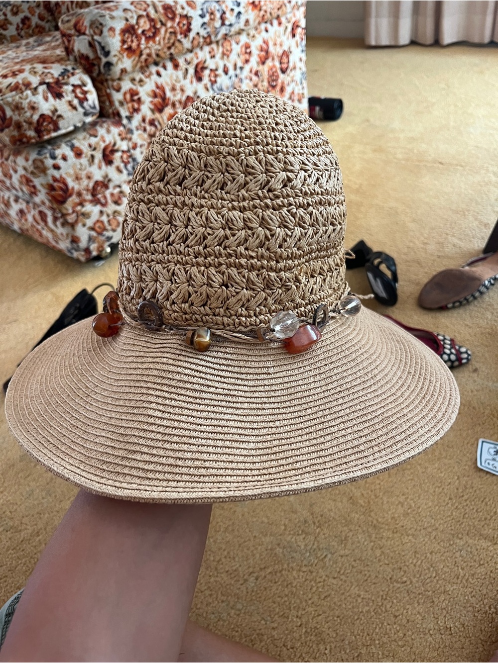 Straw Wide-Brim Sun Hat with Beaded Band - Tan